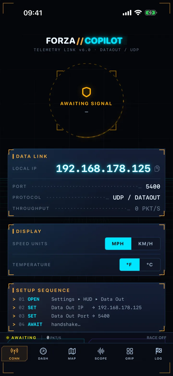 Setup screen showing the device IP and port for Forza's Data Out.