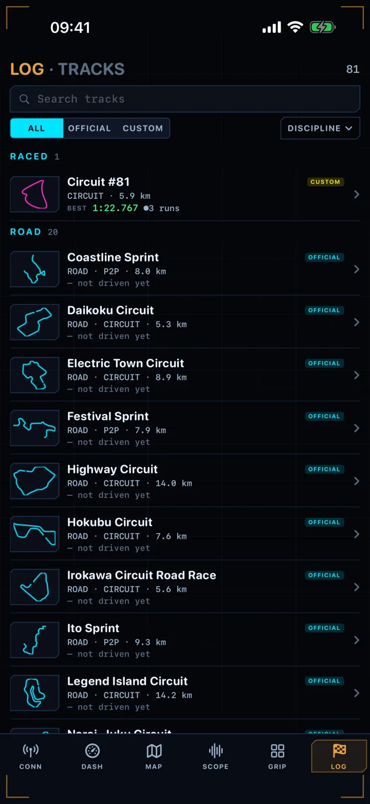 Track browser: a searchable list of every race with its route drawn, filterable by discipline and official-vs-custom.