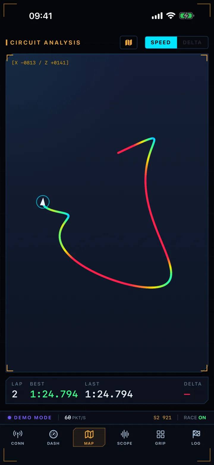 Racing line traced on a neon schematic map, coloured by where you gain and lose time.